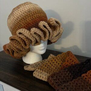 Handmade crochet ruffle hat and skinny scarf NEW